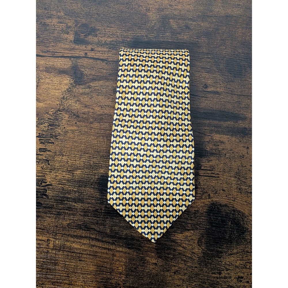 Tommy Hilfiger Italian Silk Tie Blue Gold Geometric Pattern USA Made 58" Necktie